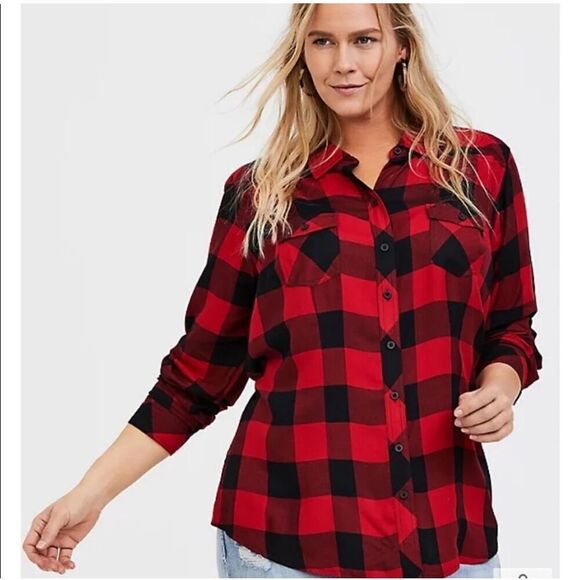 Torrid red & black buffalo plaid Taylor button down 2x shirt - Picture 1 of 4